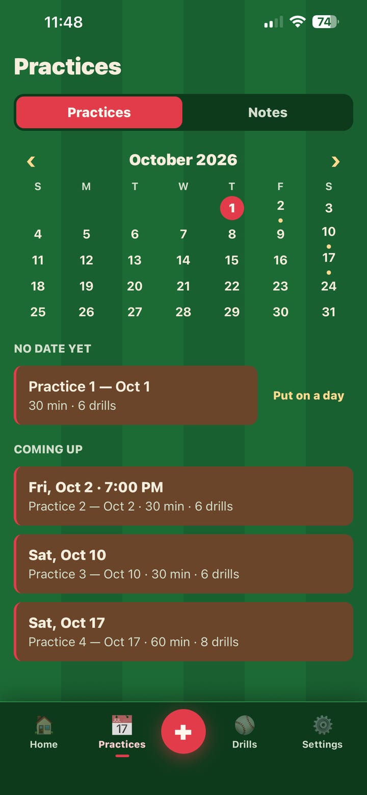 The Practices tab: a month calendar with dots on the days that have a practice, and a list beneath of what is coming up.